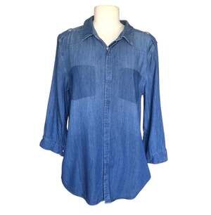 Simi Sue Chambray Button Down Shirt Blue Denim Look Roll Tab Sleeve Large
